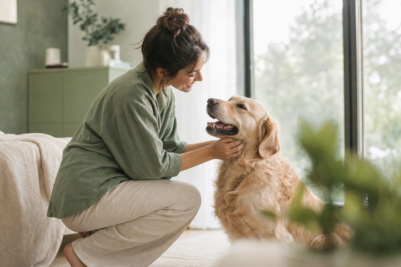 A pet owner sharing a calm moment with her dog at home