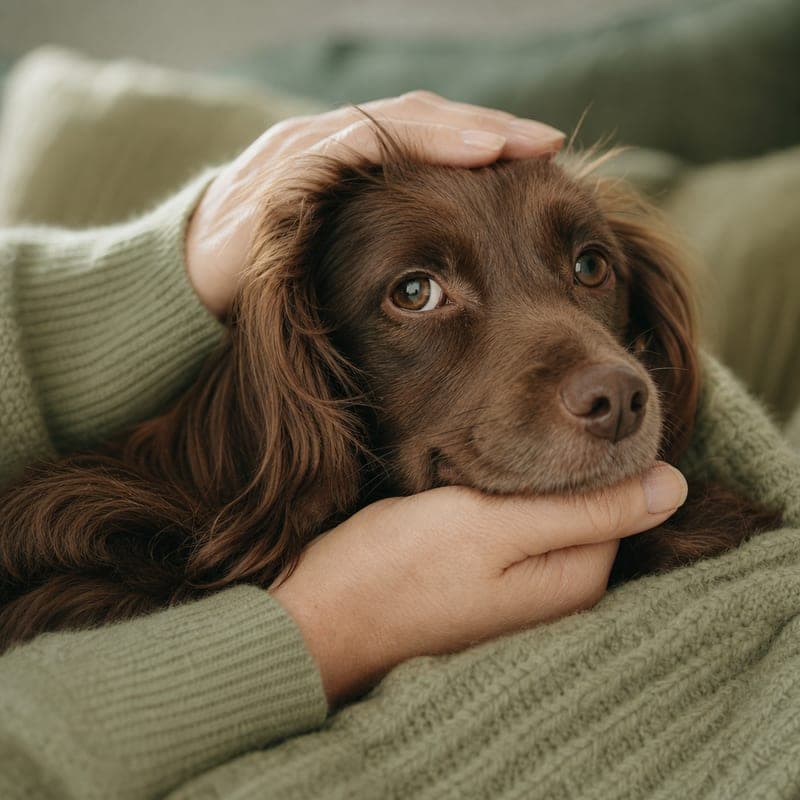 A person gently cradling their dog