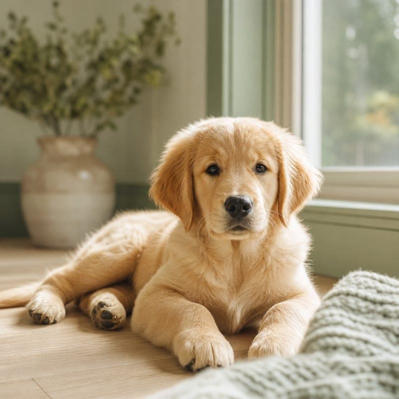 A golden retriever puppy resting in the light